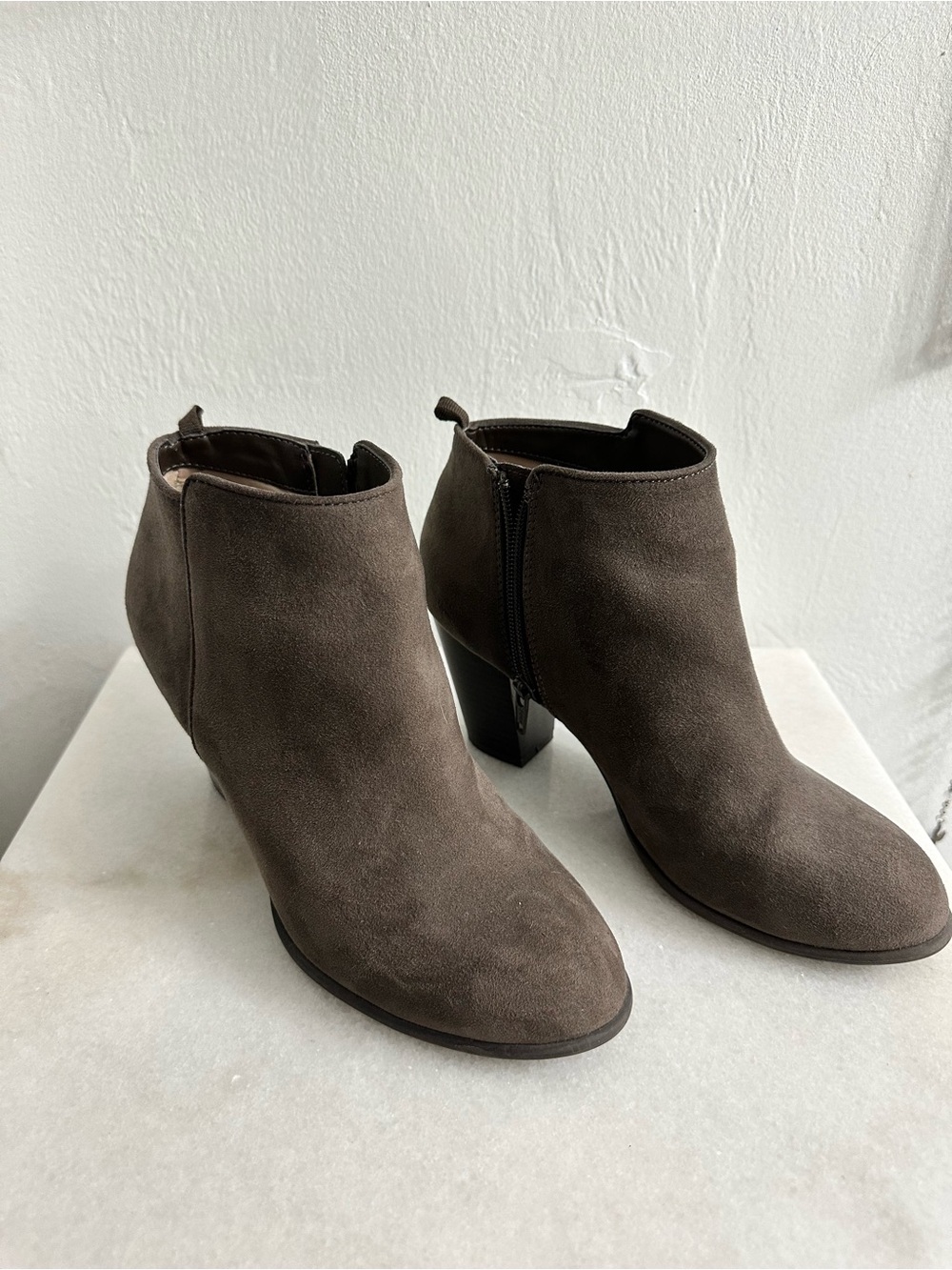 Women’s Dark Taupe Suede Ankle Booties with Side Zip